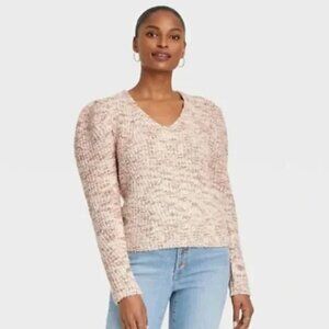 UNIVERSAL Thread Sweater Blush Pink V Neck Puff Sleeve Knit Winter Size L